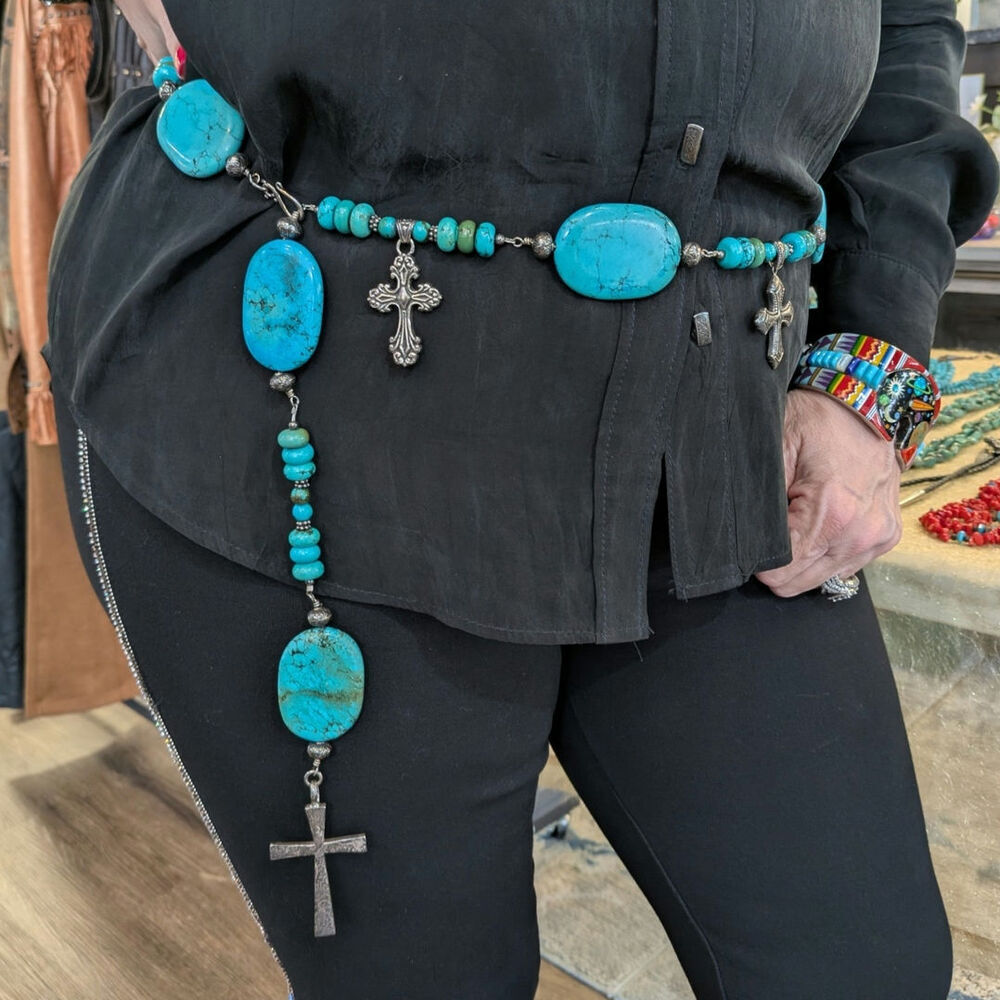 Large Oval Turquoise and Sterling Silver Cross Hook Belt Adjustable 48" Blue